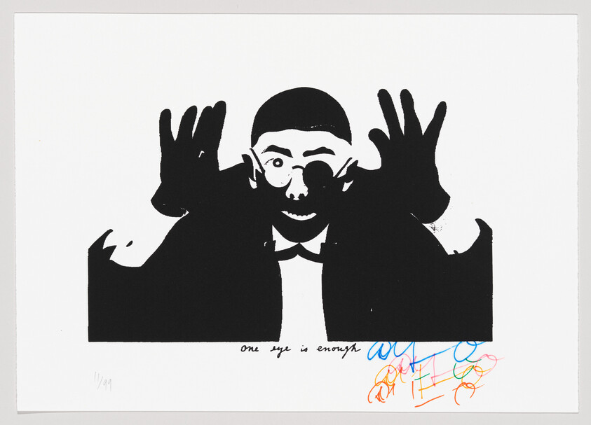 A black and white print featuring a stylized figure with exaggerated features wearing round glasses and a bow tie, making a playful gesture with hands framing the face. The bottom of the print includes handwritten text "one eye is enough" and a series of colorful scribbles with the artist's signature.