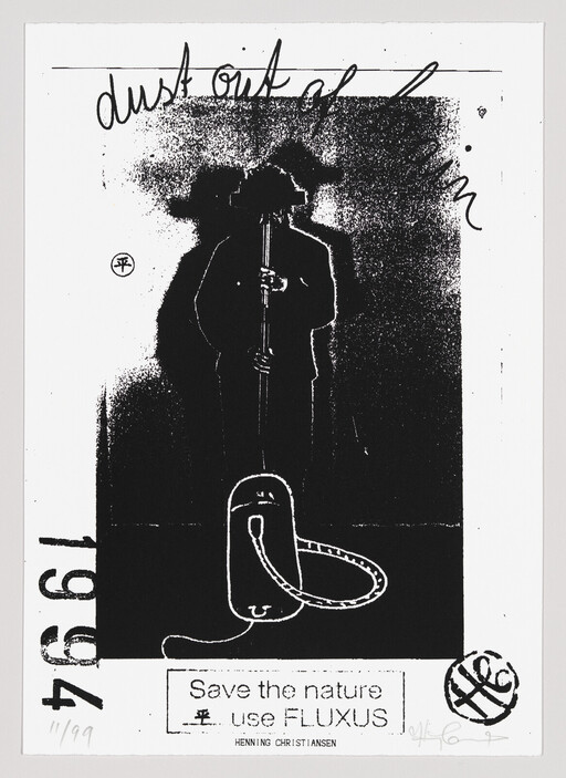Silhouetted person holding a vacuum cleaner with text urging Save the nature, use FLUXUS.