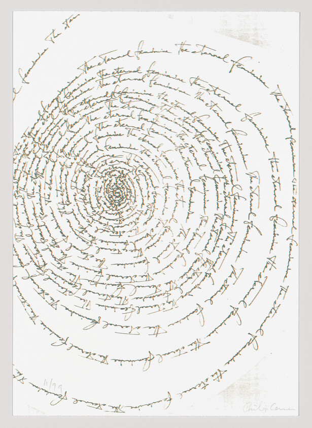 A spiral of handwritten text in concentric circles on a white background, with the text becoming denser towards the center. The image also includes a signature at the bottom right corner.