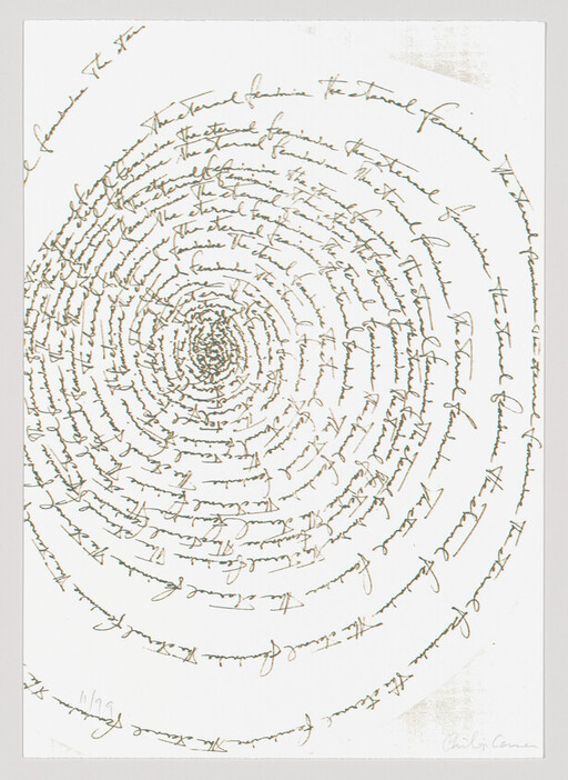 Concentric spiral of handwritten cursive text forming rings across a white background.