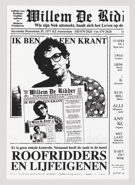 Willem De Ridder newspaper front shows a man holding a copy with headline Roofridders en lijfiegenen.