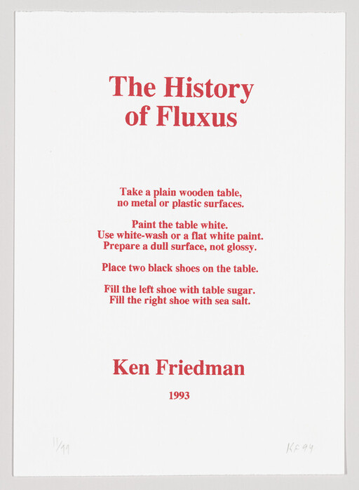 Poster titled "The History of Fluxus" with instructional text and author Ken Friedman, 1993.