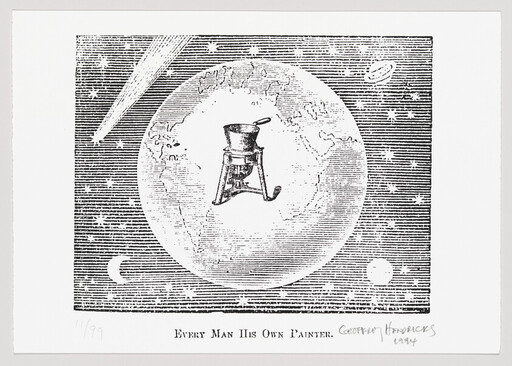 A paint pot on a tripod floats over a globe with the caption "Every Man His Own Painter."