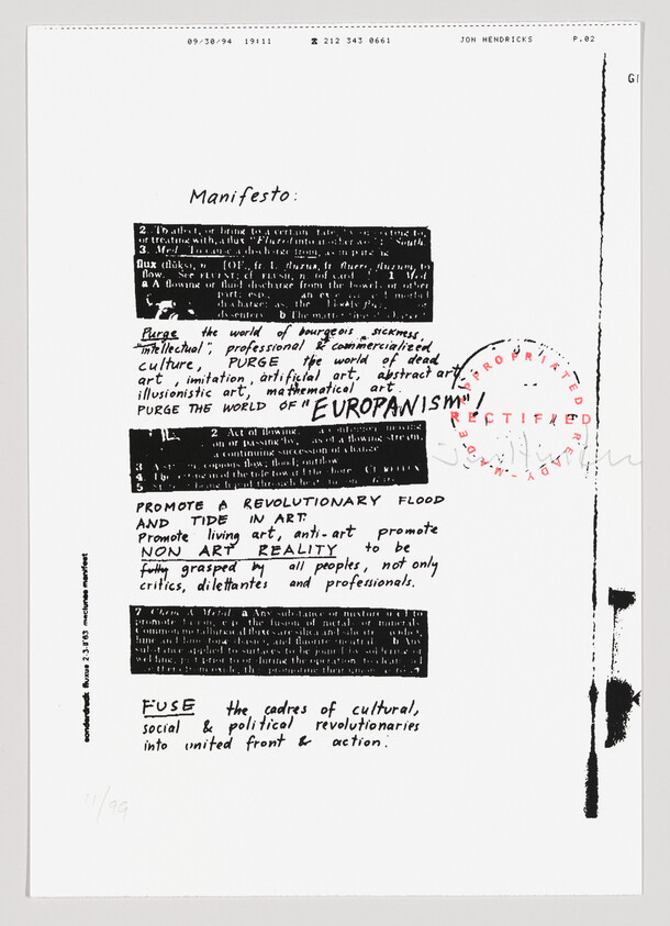 This image shows a printed page with a text titled "Manifesto" that appears to be a statement or artistic declaration. The text is partially redacted with black bars, and there are various words and phrases emphasized in bold, such as "Purge," "NON ART REALITY," and "FUSE." A red circular stamp with the word "RECTIFIED" crosses out some of the text, and there are some ink smudges and drips on the right side of the page. The top of the page includes a timestamp, a series of numbers, and the name "JON HENDRICKS P.02." The bottom left corner has a fraction "1/1" handwritten, suggesting this might be a unique print or part of a limited series.