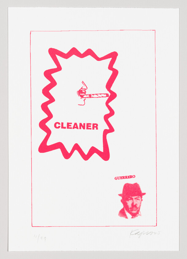 Graphic artwork featuring a red jagged starburst with the word "CLEANER" in the center, a small image of a smoking cigarette to the left, and a red halftone portrait labeled "GUERRERO" in the bottom right corner. The piece is numbered "11/99" and signed by the artist in the bottom margin.
