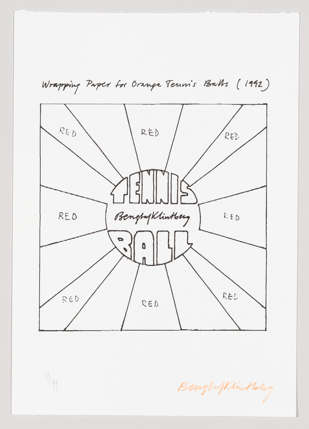A black and white drawing featuring a stylized representation of a tennis ball with the words "TENNIS BALL" across the center. Radiating from the ball are lines creating a sunburst effect with the word "RED" written in each section. Above the image, text reads "Wrapping Paper for Orange Tennis's Balls (1992)." The bottom of the image includes a signature and a fraction indicating it's a print, "11/99."