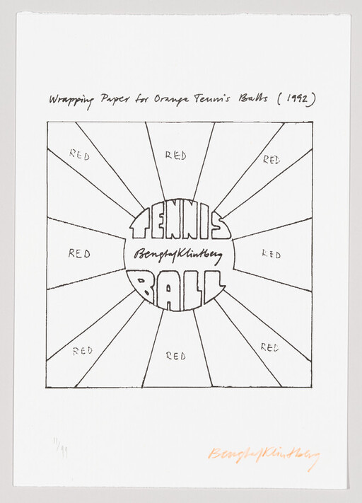 A hand-drawn wrapping paper design showing a central tennis ball with rays labeled "RED".
