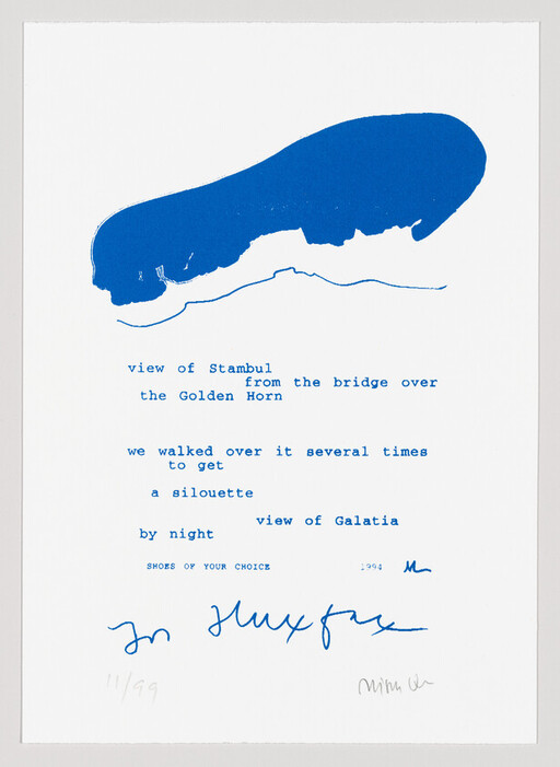 Abstract blue shape above typed poem describing walking over the bridge to view Galatia by night.