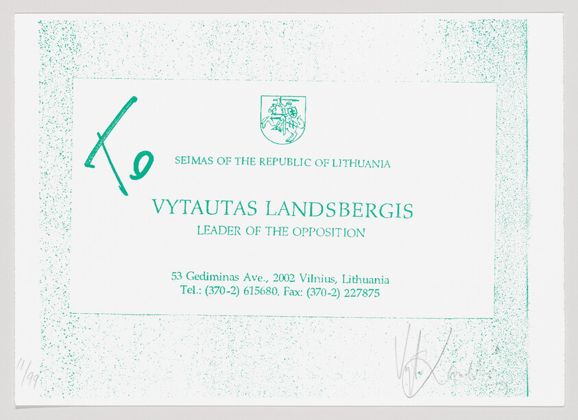 A business card for Vytautas Landsbergis, labeled as the Leader of the Opposition, with the Seimas of the Republic of Lithuania emblem, including contact information and an address in Vilnius, Lithuania. The card features a green and white color scheme with a signature in green ink.