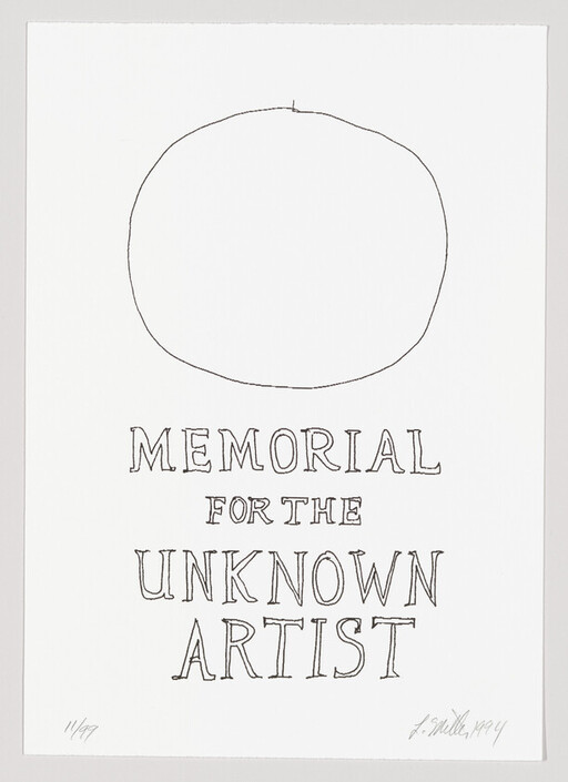 A simple circular sketch above the words "Memorial for the Unknown Artist" on white paper.