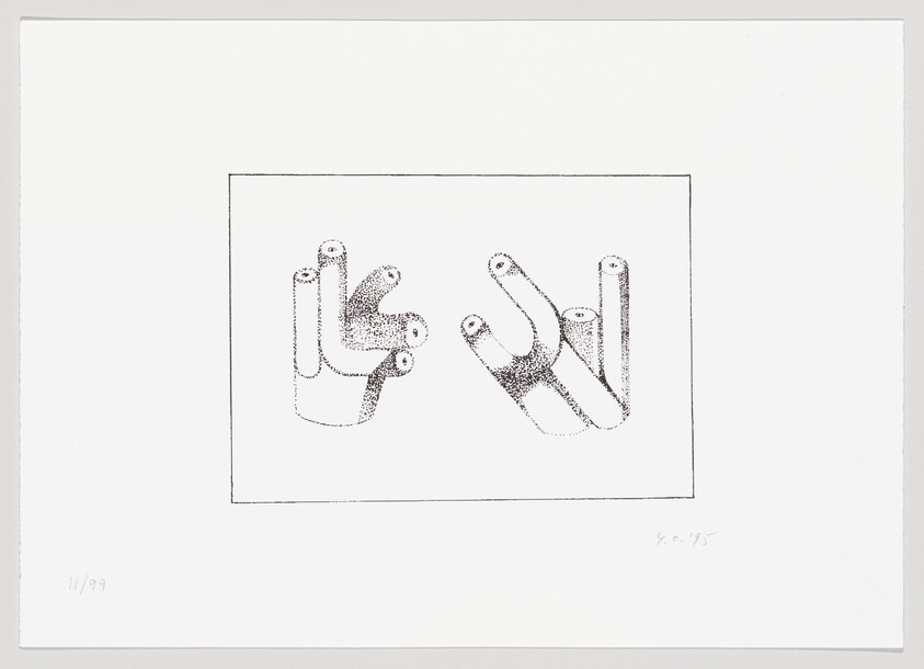 A black and white artwork featuring two abstract dotted patterns resembling fingers or organic shapes within a bordered frame, signed and numbered by the artist on a white background.