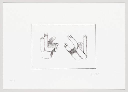 Two dotted, tubular hand-like forms face each other inside a simple rectangular frame.