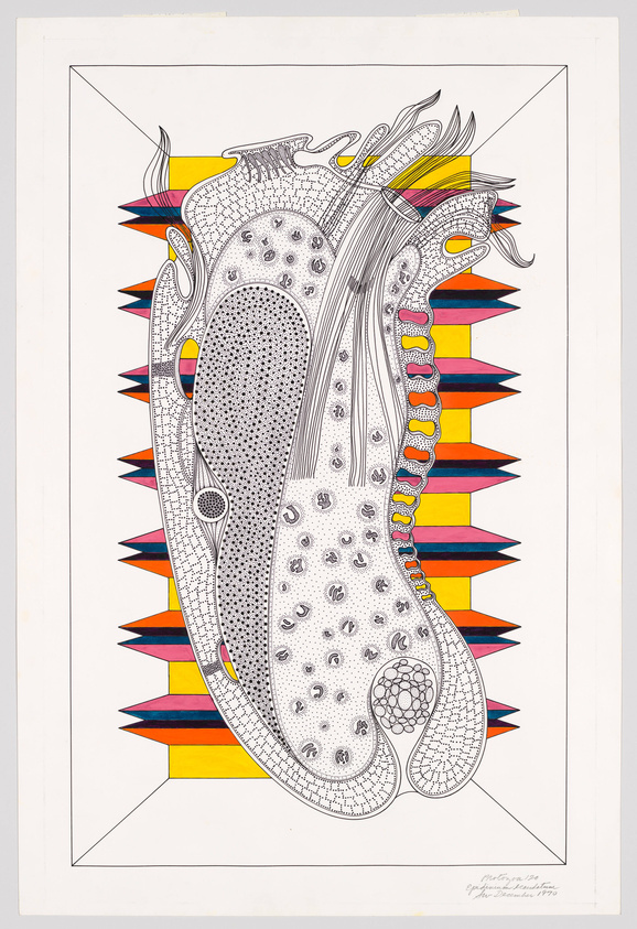 A colorful and intricate abstract artwork depicting a stylized, organic form resembling a sneaker with various patterns and textures. The background features bold horizontal stripes in yellow, red, and blue, while the central figure is detailed with dots, lines, and cellular-like structures. The piece is signed and dated at the bottom right.