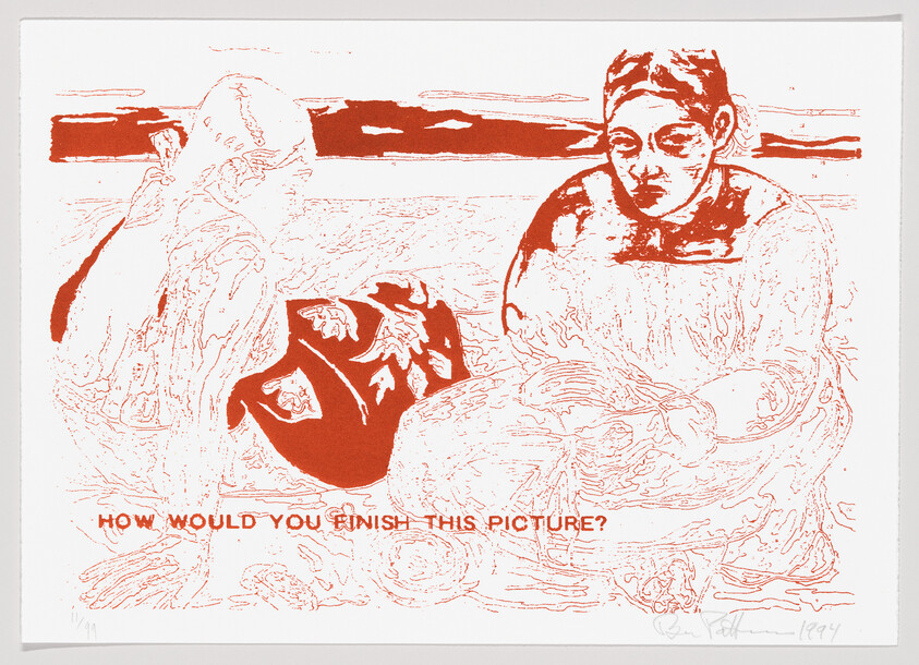 Red and white print showing two figures with a question "HOW WOULD YOU FINISH THIS PICTURE?" at the bottom.