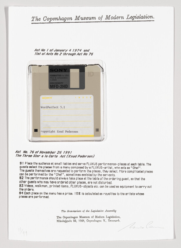 A conceptual artwork resembling a museum exhibit label, with a Sony 3.5-inch floppy disk attached to the paper. The text references "The Copenhagen Museum of Modern Legislation" and includes a mock legislative act titled "The Three Star à la Carte Act" by Knud Pedersen, with humorous sections detailing how an audience should interact with performance pieces. The footer contains contact information for the museum in Copenhagen, Denmark.