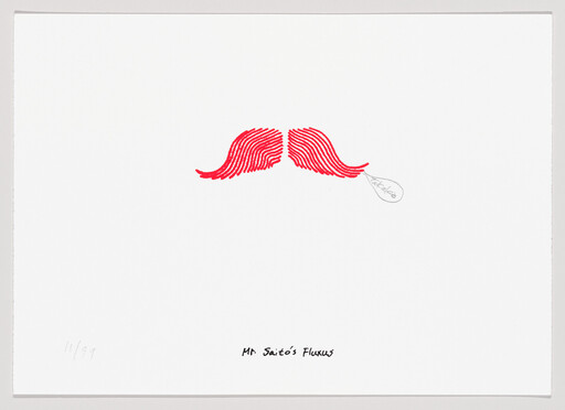 A red fingerprint-styled mustache floats centered above the small handwritten title "Mr. Saito's Fluxus."