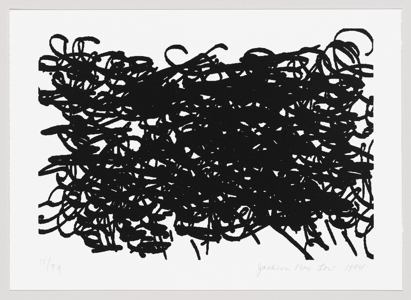 A black and white abstract expressionist print featuring a dense, tangled array of black lines and shapes on a white background. The composition is reminiscent of a chaotic scribble or a nest-like structure. There is a signature at the bottom right corner and a numbering at the bottom left corner indicating its edition.