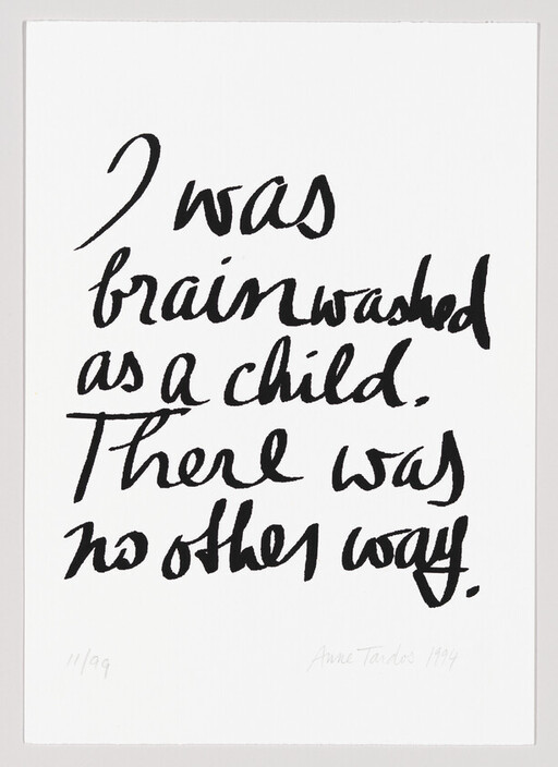 Handwritten note saying, "I was brainwashed as a child. There was no other way."