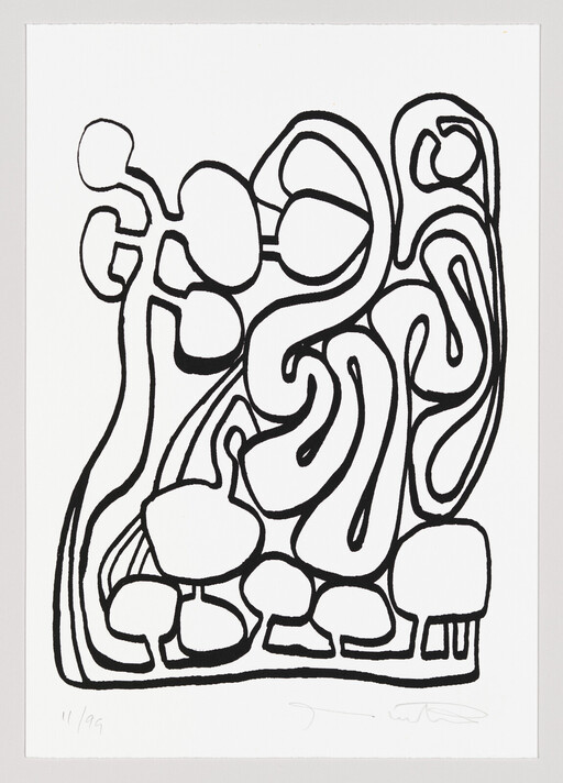 Thick black curving lines form abstract looping shapes and rounded bulb-like forms on white paper.