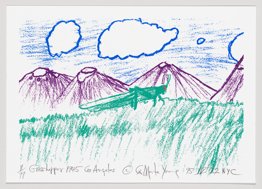 A colorful crayon drawing featuring a landscape with three purple mountains in the background, a green grasshopper in the foreground on a field of green grass, and a blue sky with two white clouds and a small sun. The image includes handwritten text at the bottom that reads "Grasshopper 1945 Los Angeles" and a signature with the date "1981 NYC."