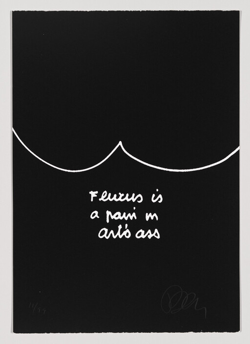 Black poster shows a white curved line and handwritten text reading 'Fleurus is a pain in arts ass.'
