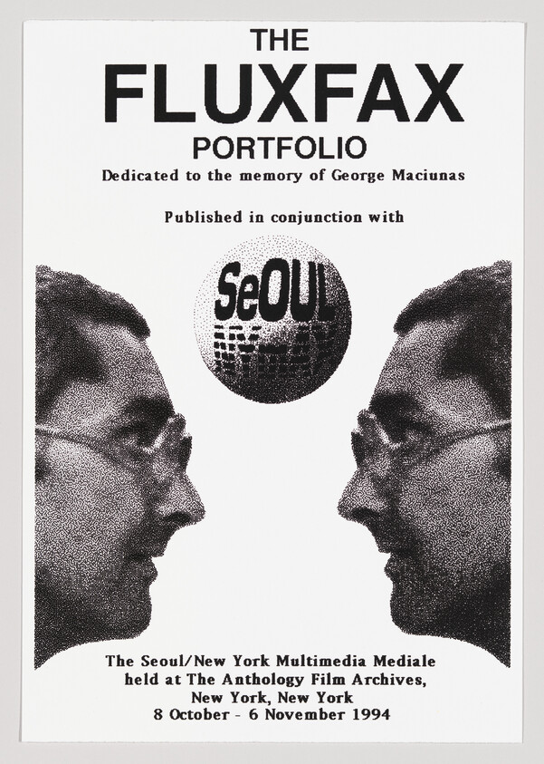Poster for "THE FLUXFAX PORTFOLIO" with two mirrored profiles facing each other and "SeOUL" globe between them, commemorating George Maciunas.
