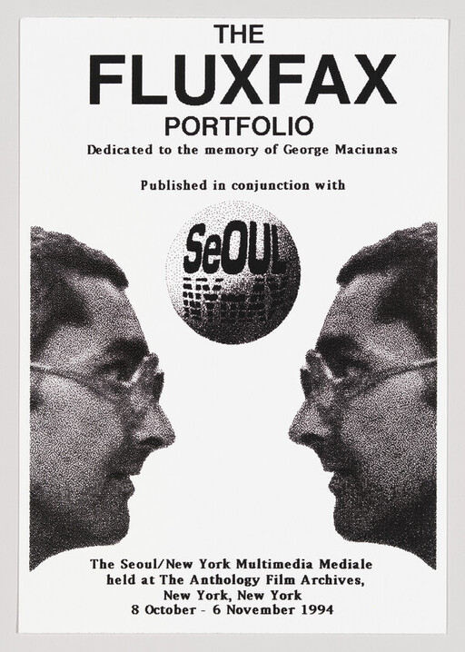 Poster titled "The Fluxfax Portfolio" showing two mirrored profile faces and a Seoul globe.