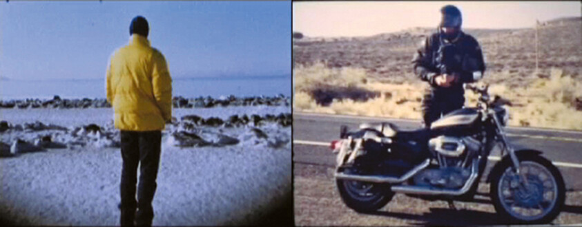 Person in a yellow jacket stands by a lake; another person with a motorcycle on a road.