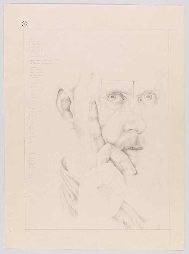A detailed pencil study of a man touching his face with a square drawn around one eye.