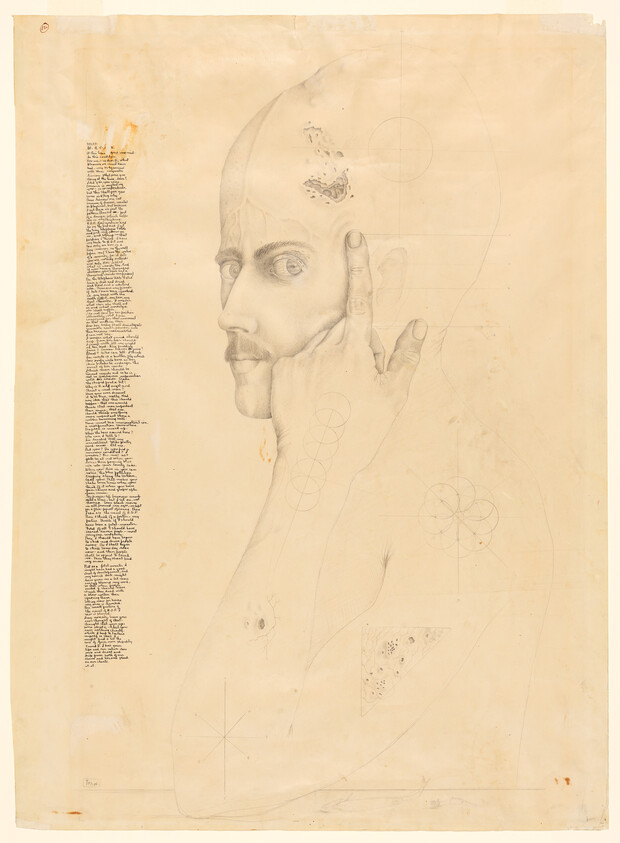 Pencil drawing of a man looking over his shoulder, touching his temple, with handwritten annotations along the left.