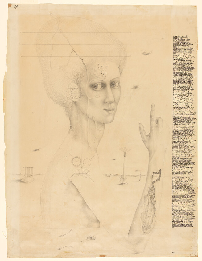 Tall, elongated person with raised hand and detailed face beside a dense handwritten column.