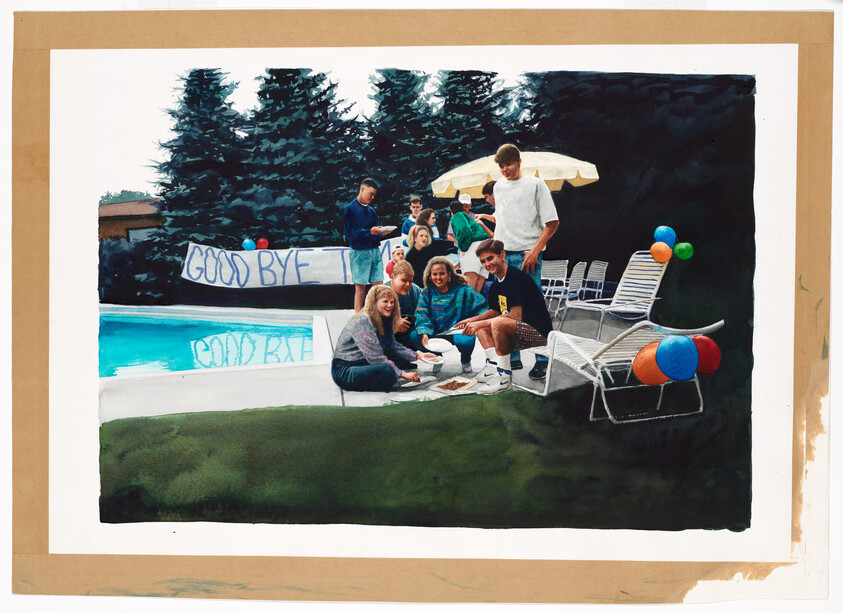 Teenagers gather by a backyard pool with a "Good Bye" banner and balloons.