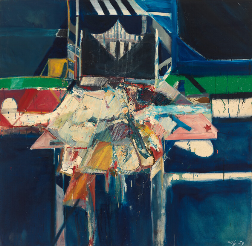 A colorful abstract composition suggesting a cluttered table with draped fabrics beneath a striped canopy.