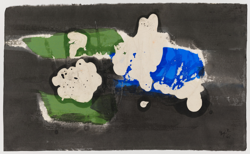 Abstract artwork featuring bold splashes of blue and white paint over a dark background with hints of green. The composition is reminiscent of a spontaneous and expressive style, with drips and splatters adding to the textured effect. The piece is signed and dated in the lower right corner.