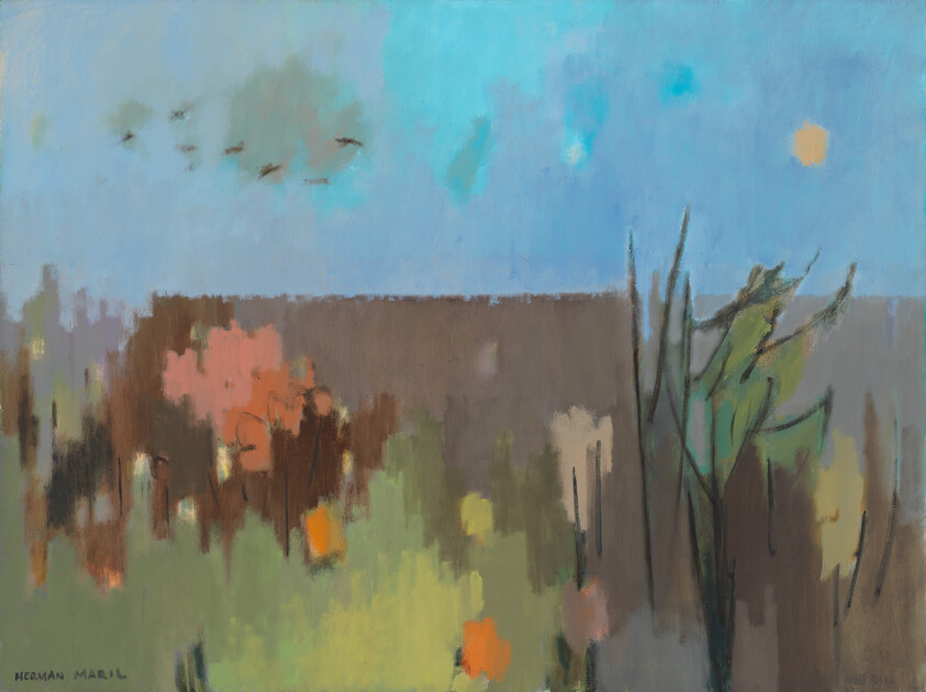 Abstract landscape painting showing a blue sky above muted fields with a lone tall tree and colorful shrubs.