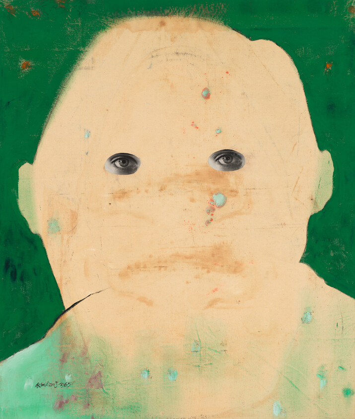 A pale, abstract human head with two realistic eyes against a green background.