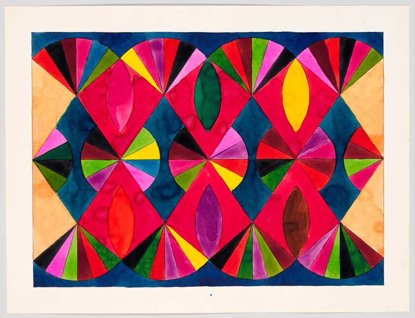 Bright geometric pattern of repeating fan and oval shapes in vivid reds, blues, greens, and yellow.