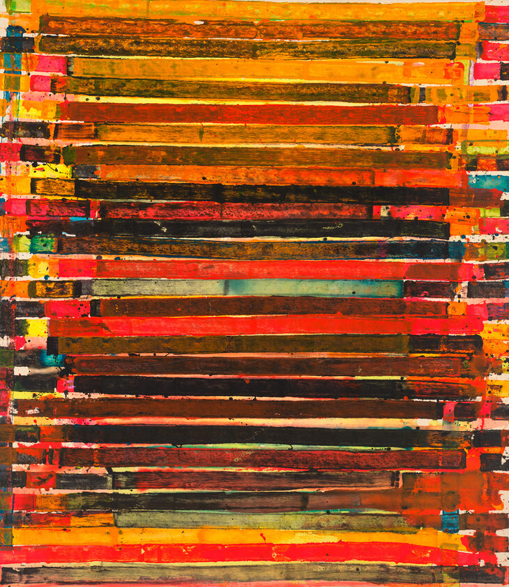 Horizontal bands of orange, red, yellow, and black paint are layered in an abstract striped pattern.