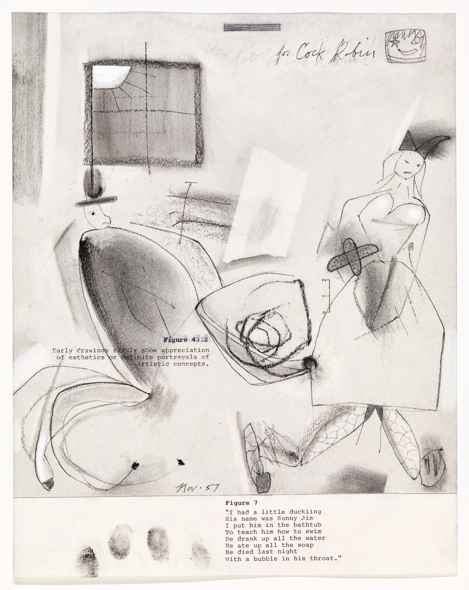 Charcoal sketch of a seated figure and a standing woman wearing a dress and hat.