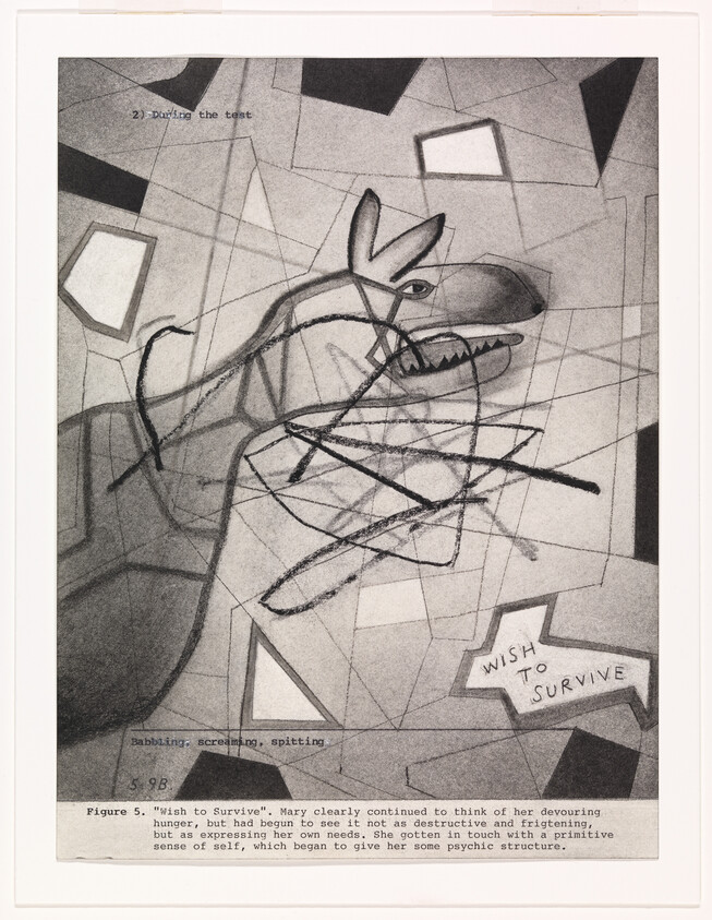 A grayscale image featuring a stylized drawing of a wolf-like creature amidst abstract geometric shapes. The creature appears aggressive with an open mouth showing sharp teeth. Overlaid on the image are scribbled lines and the phrase "WISH TO SURVIVE" in bold, uneven lettering. Below the drawing, there is text that reads "Figure 5. 'Wish to Survive'". Additional text provides a narrative about someone named Mary, discussing themes of survival, hunger, and psychological development. The image has a caption at the bottom that includes "Babbling, screaming, spitting" and the number "598".