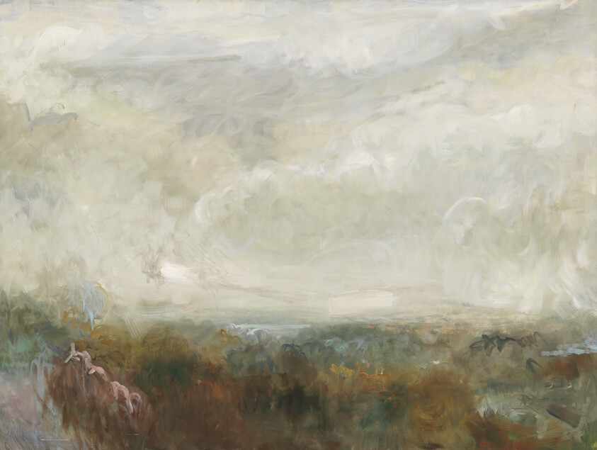 Misty landscape with rolling hills, muted colors, cloudy sky and distant birds.