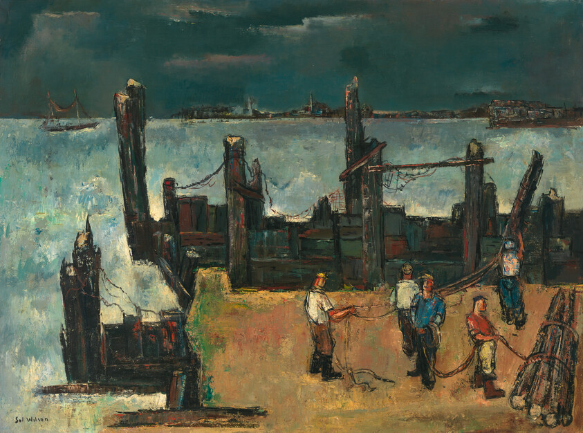 Fishermen on a weathered dock handling ropes with boats and water in the background.