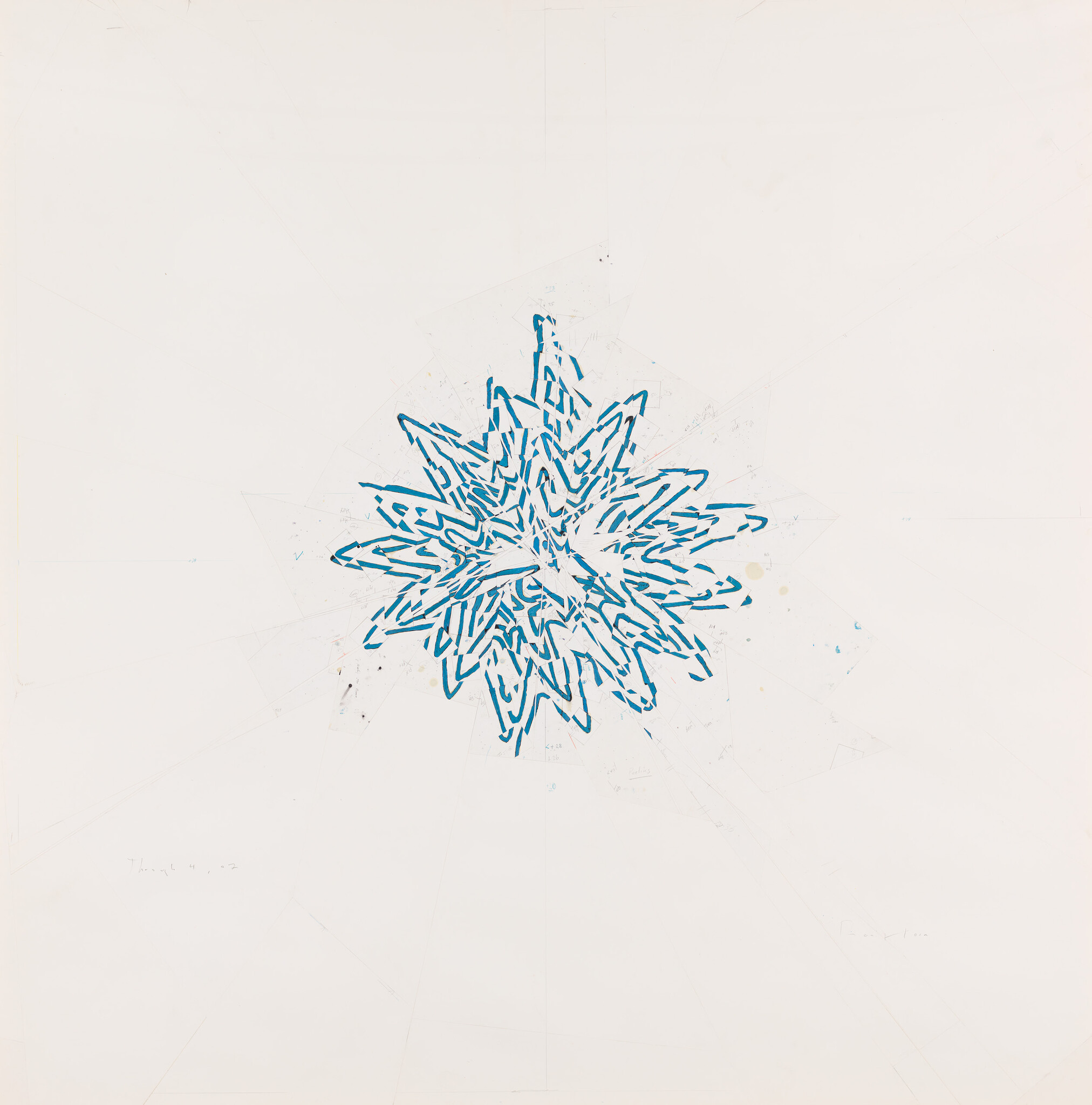 A blue ink snowflake-like design centered on a white background with visible paper creases and subtle markings.