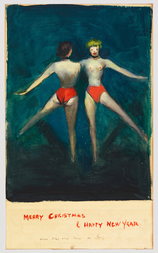 A festive painting featuring two figures with their arms outstretched, one facing forward and the other with their back to the viewer. Both are wearing red bottoms and are set against a dark blue background. Below the painting, there's a handwritten message in red that reads "MERRY CHRISTMAS & HAPPY NEW YEAR from E[dward] and Jo [Hopper]."