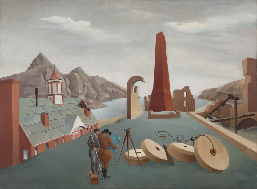 Two surveyors on a rooftop setting up instruments beside large stone wheels and an obelisk.