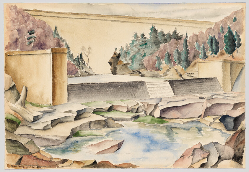 A small concrete dam and spillway with water flowing into rocky pools below.