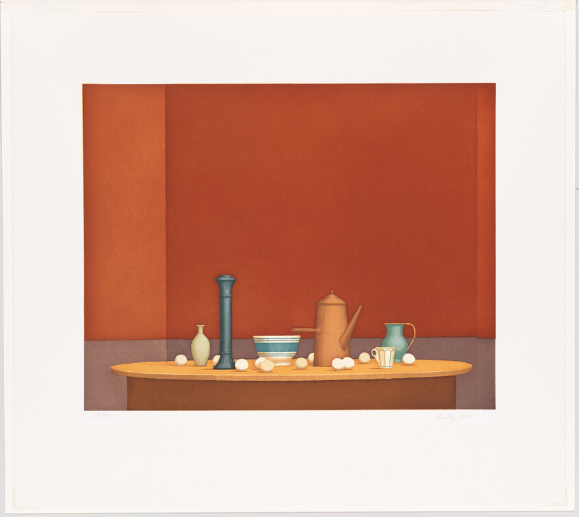 A table against a red wall holds pitchers, bowls, and scattered eggs in a quiet still life.