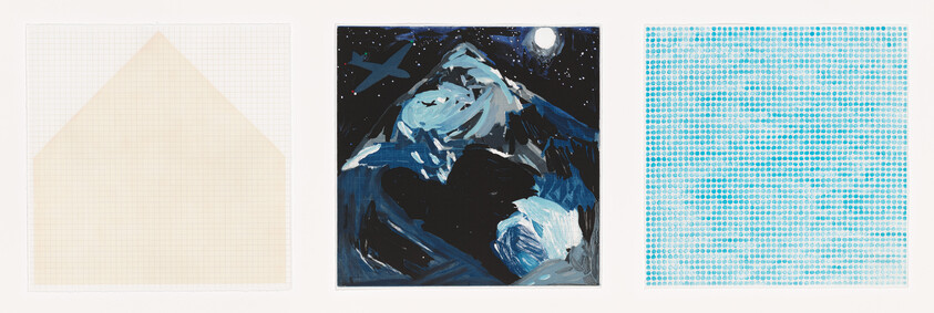 Three framed artworks displayed side by side. The left piece shows a pale grid with a faint triangle, the middle is a dark, expressive painting of a mountainous landscape with a plane, and the right features a pattern of blue dots on a lighter blue background.