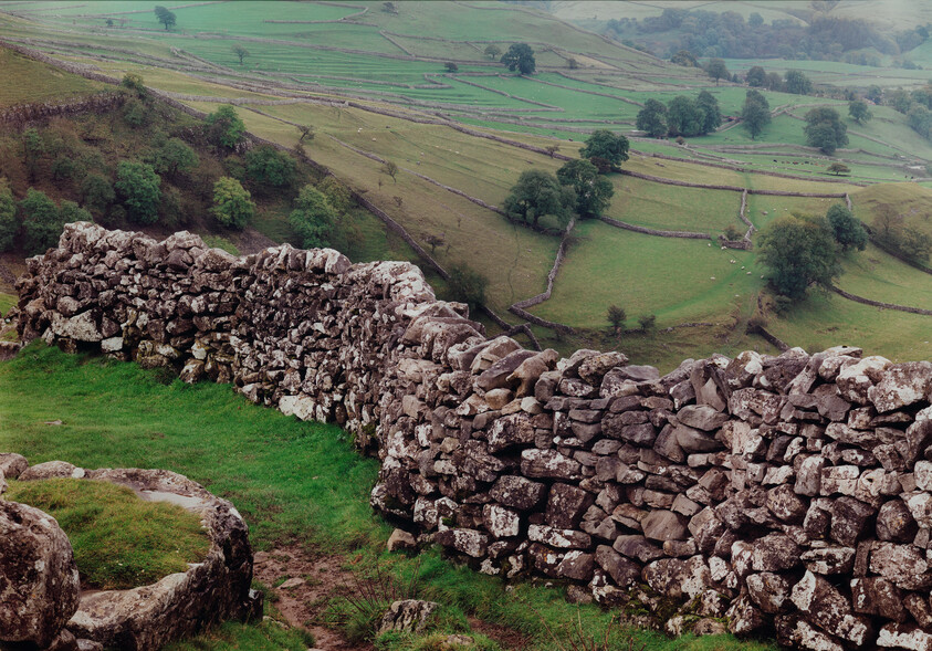 A winding dry stone wall runs along a green hillside overlooking patchwork fields and trees.