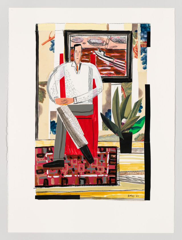 A man sits on a red chair in a patterned room with a potted plant and boat painting.